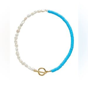 Elegant Faux Pearl and Blue Beaded Necklace with Gold Accent